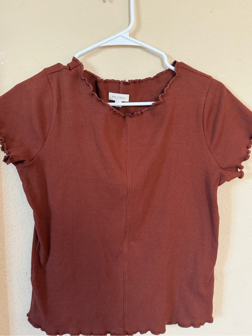 Anthropologie (Pilcro) Rust Ribbed Lettuce-Edge Short Sleeve Tee